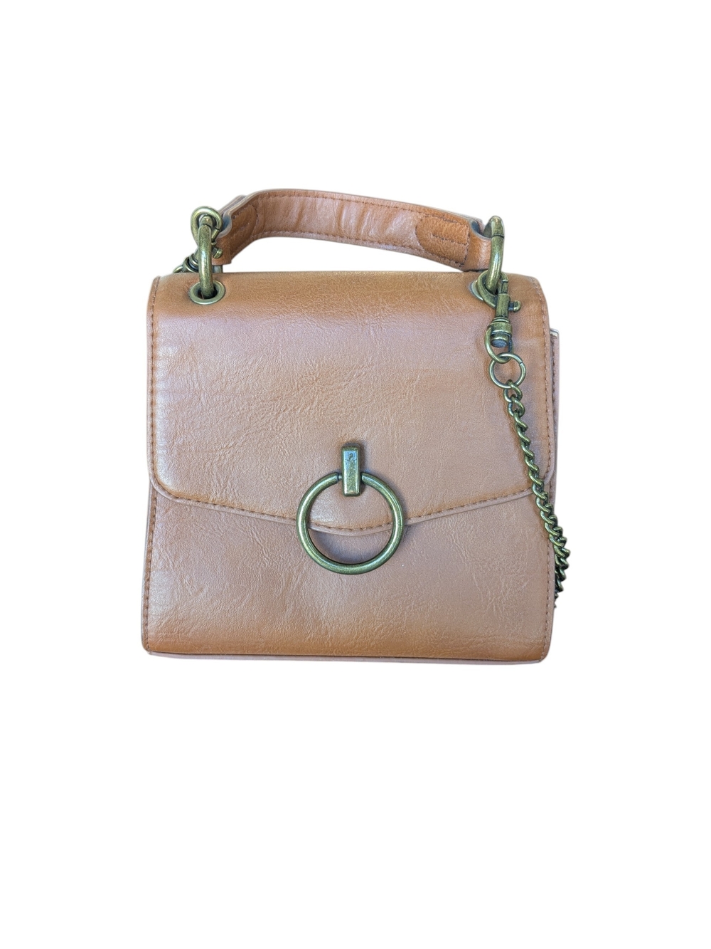 Brown Faux Leather Top-Handle Crossbody Bag with Ring Accent